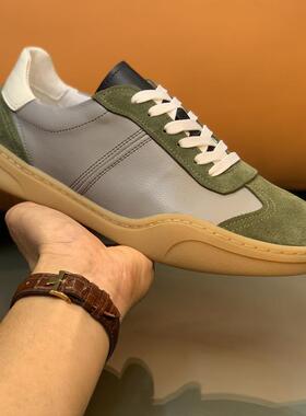 欧洲站男鞋拼色真皮英伦风板鞋男德训鞋头层牛皮商务休闲鞋子百搭