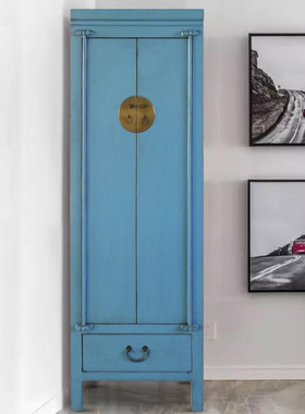 中式仿古实木衣柜衣橱柜蓝色榆木古典储物收纳立柜鞋帽柜定制家具