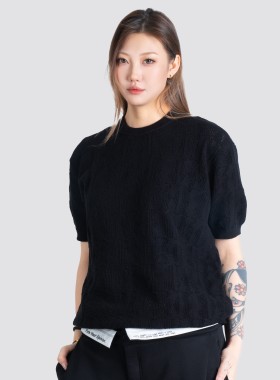 STA2026春季SG慵懒风镂空透气针织提花圆领短袖T恤收紧下摆袖口