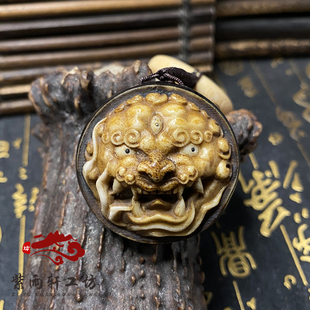 驼鹿角根付貔貅龙头圆牌子古法染色文玩手把件吊坠