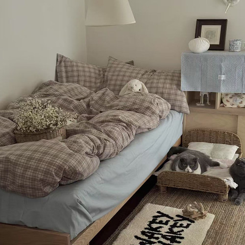 月光集【维希】ins风韩系中古全棉水洗棉四件套色织条纹格子床品