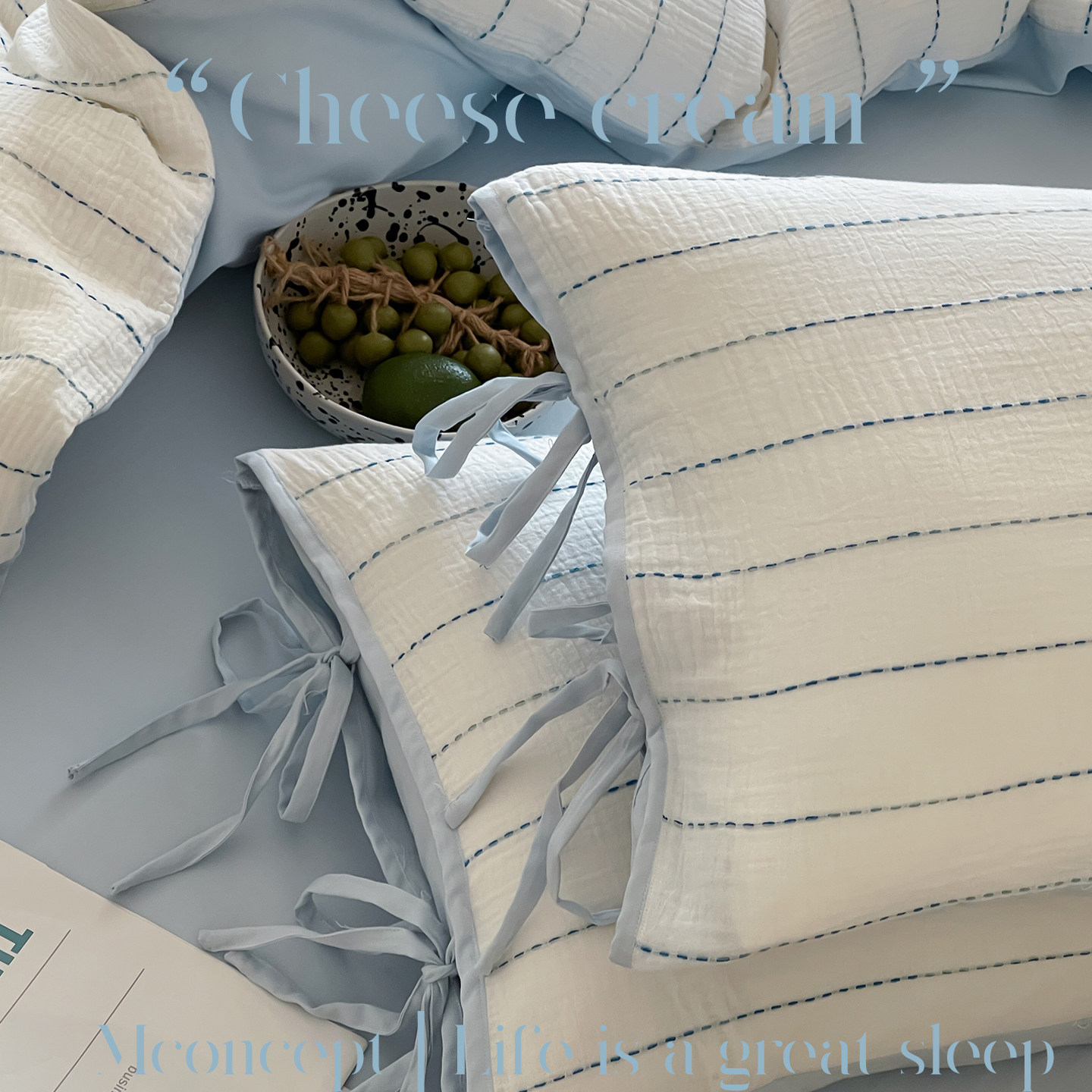 月光集【起司奶盖】超软超温柔蓝色全棉a类皱皱纱穿线提花四件套