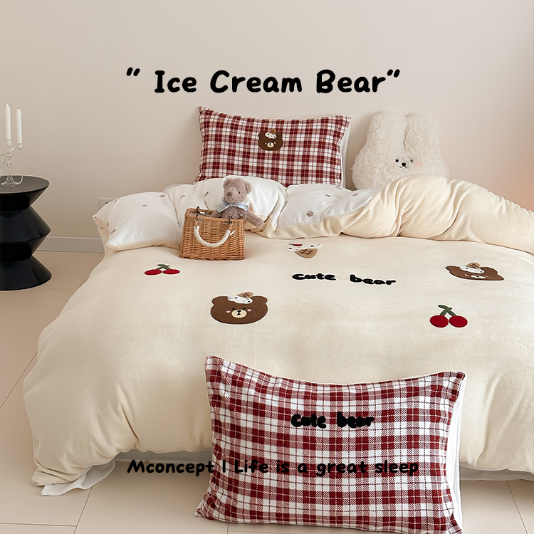 月光集【冰激凌熊】卡通毛巾绣牛奶绒四件套拼接加厚保暖床单被套
