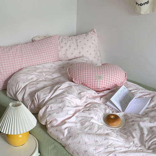 月光集【丽娜】水洗棉粉色格子床品全棉田园碎花ins少女心四件套