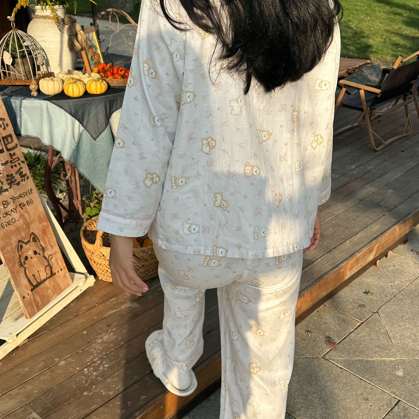 月光集【蓝花狗】全棉双层纱长袖睡衣套装柔软睡裤可外穿家居服