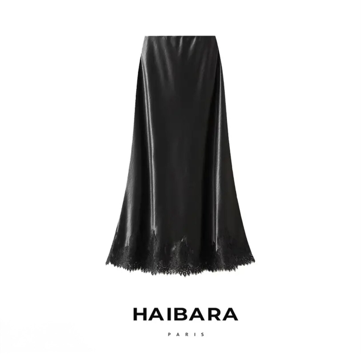 HAIBARA醋酸缎面鱼尾裙黑色女款裙子女半身裙蕾丝醋酸鱼尾裙