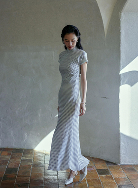 茉茉旗袍春新 短袖有省侧拉链 复古日常鱼尾摆旗袍式连衣裙 雪莲