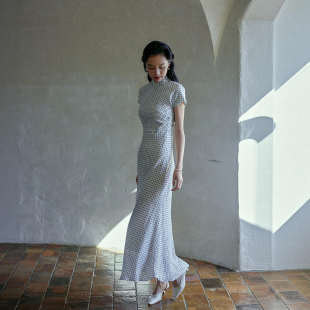 连衣裙 茉茉旗袍春新 复古日常鱼尾摆旗袍式 有省侧拉链 雪莲 短袖