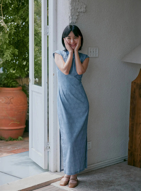 茉茉旗袍 小连袖有省侧拉链中长款复古日常改良弹力亚麻旗袍 书蓝