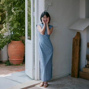 复古日常改良弹力亚麻旗袍 有省侧拉链中长款 书蓝 小连袖 茉茉旗袍