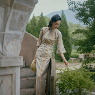 复古日常丝麻老旗袍 全开襟盘扣长款 桂雨 春秋七分水袖 茉茉旗袍