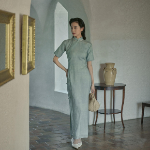 复古日常丝麻老旗袍 全开襟盘扣长款 雾青 四分连袖 茉茉旗袍春新