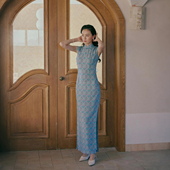 文艺日常棉绸旗袍 有省半开襟盘扣长款 蓝风织梦 夏小连袖 茉茉旗袍