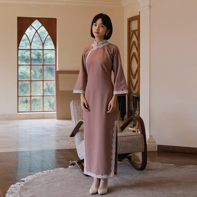 茉茉全开襟花边复古日常毛呢旗袍