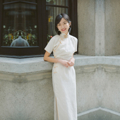 茉茉春夏季 白芷 复古改良文艺日常亚麻旗袍 三分连袖 半开襟中长款