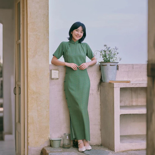 茉茉旗袍 春夏三分连袖全开襟盘扣中长款复古日常棉绸老旗袍 雀青