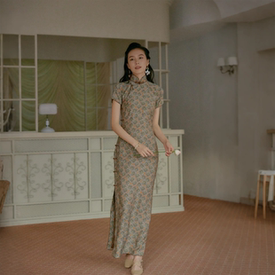 茉茉旗袍 春夏短袖连袖全开襟盘扣长款复古日常云锦缎老旗袍 昙华