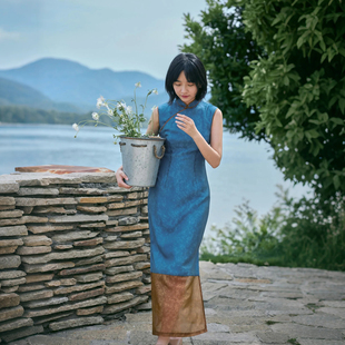 茉茉旗袍 夏无袖有省侧拉链长款复古日常改良人造丝旗袍 蓝调未央
