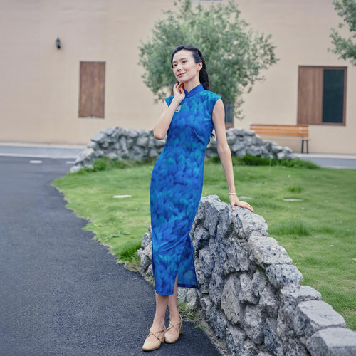 茉茉旗袍夏新 港式小连袖有省半开襟盘扣中长款复古日常棉绸 蓝狐
