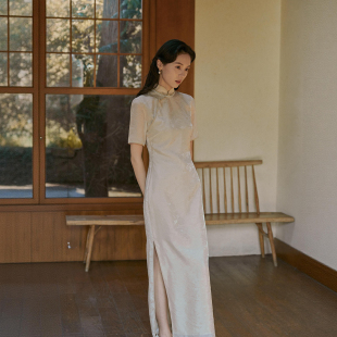 复古温柔日常旗袍 茉茉旗袍春新 侧拉链中长款 袖 芷安 提花四分装