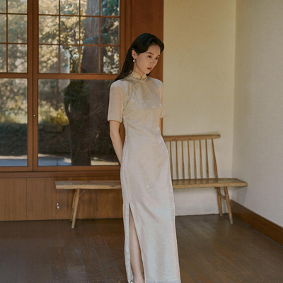 茉茉旗袍春新 提花四分装袖侧拉链中长款 复古温柔日常旗袍 芷安