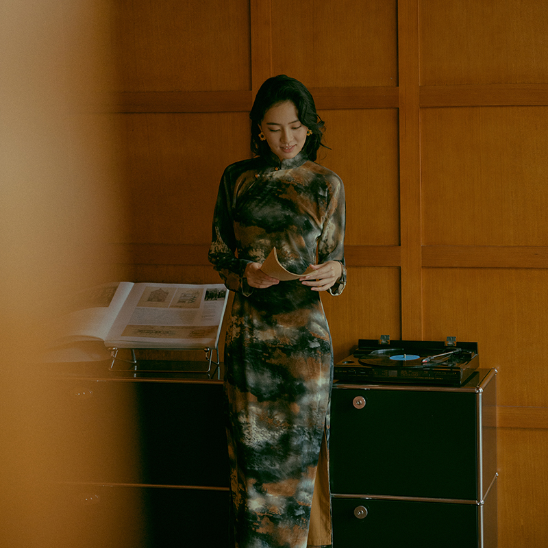 茉茉秋冬款 九分连袖无省前开中长复古摩登日常弹力针织旗袍 夕雾