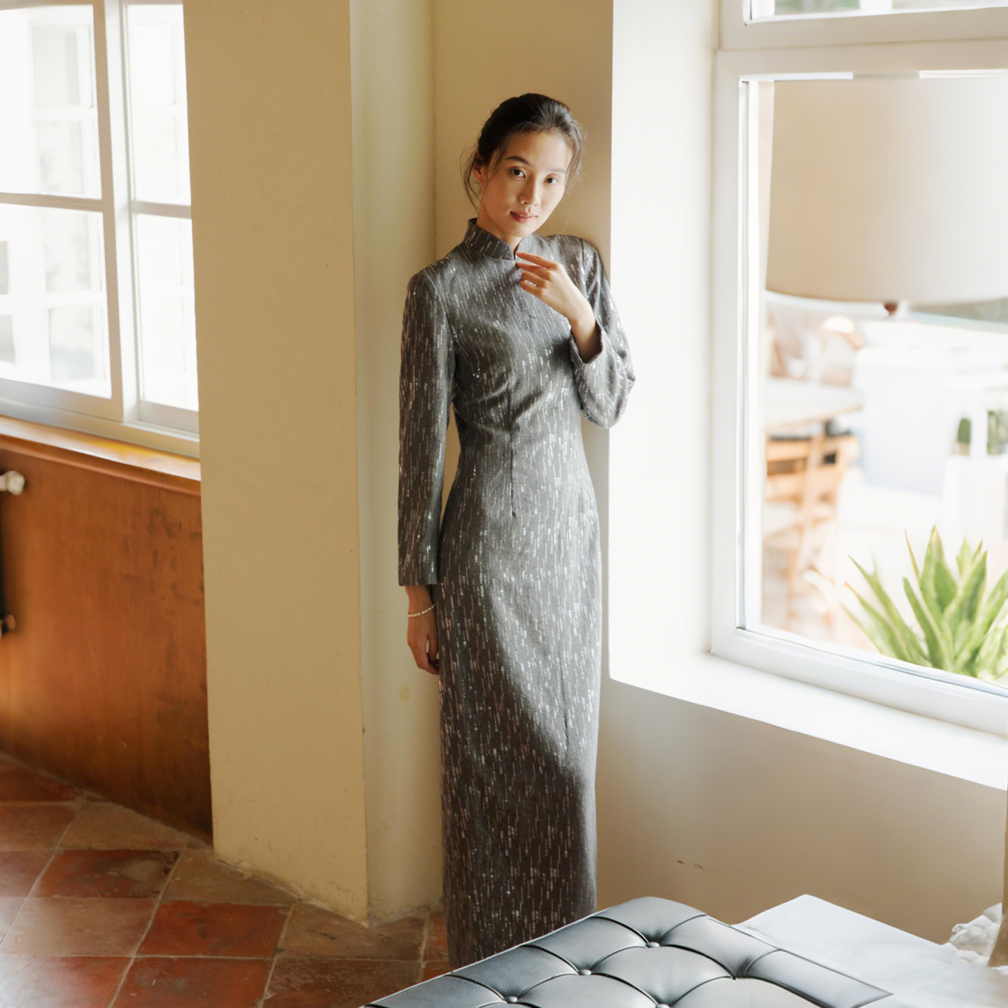 茉茉秋冬新 九分装袖有省后拉链长款日常通勤羊毛呢亮片旗袍 星缕