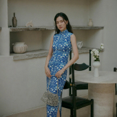 复古日常国风棉绸旗袍 有省半开襟长款 蓝釉 完全无袖 茉茉春夏