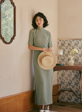 茉茉春夏 四分连袖全开襟嵌条长款复古日常人丝人棉老旗袍 诗pian