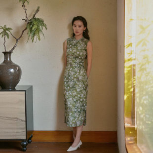 复古日常碎花丝麻 暗扣有省侧拉链中长款 青樱 港式 茉茉旗袍春新