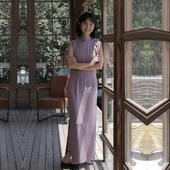 复古文艺日常纯色棉绸旗袍 半开襟中长款 云烟 小连袖 茉茉春夏季