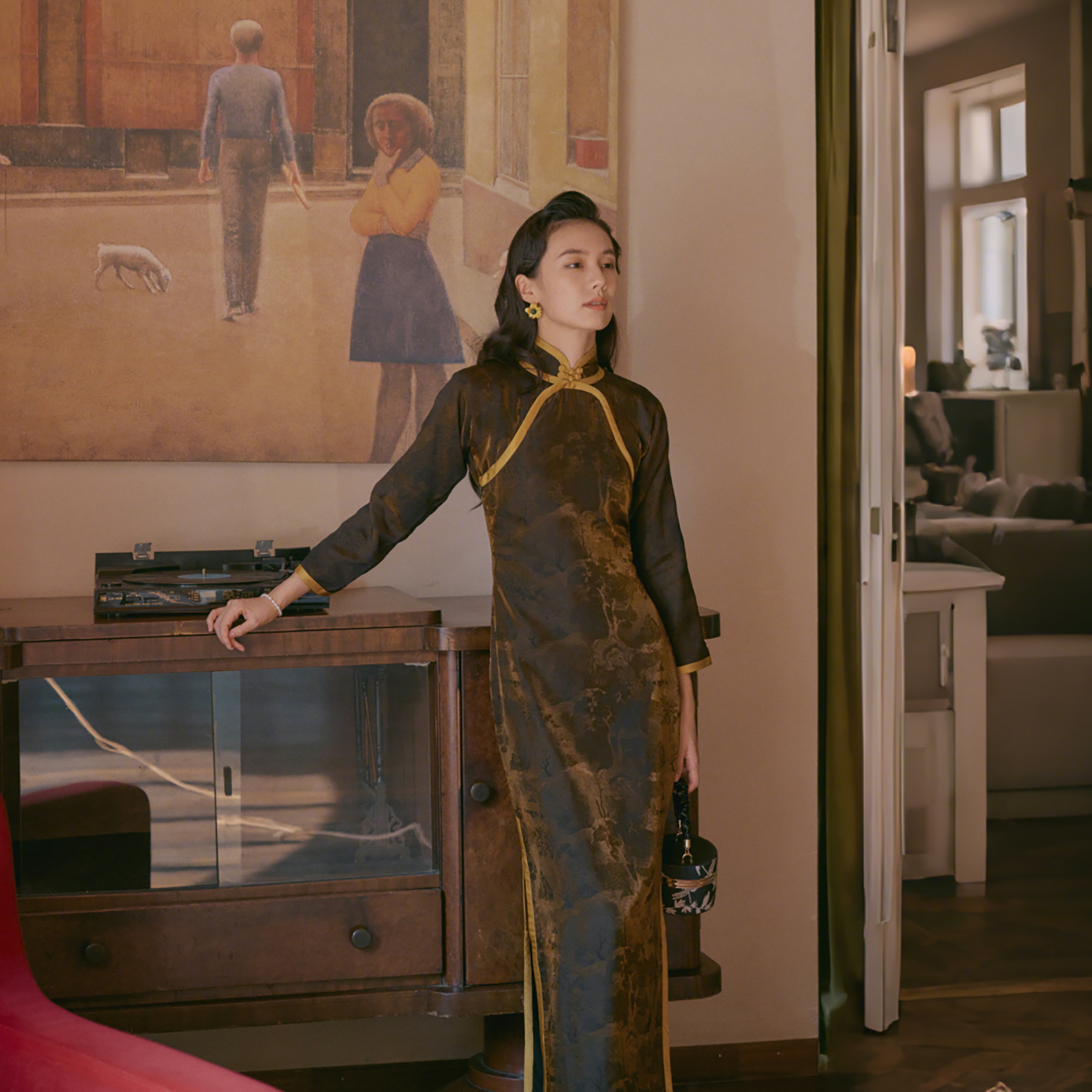 茉茉新品 九分连袖双襟花扣侧拉链中长款复古日常人丝老旗袍 金缕