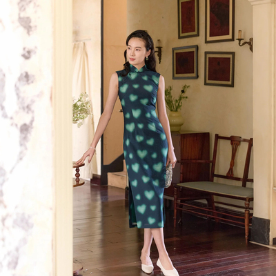 茉茉旗袍 春夏无袖有省侧拉链中款复古日常改良仿麻港式旗袍 绿光