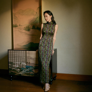 复古日常提花人丝旗袍 有省半开襟盘扣长款 锦岚 无袖 茉茉旗袍春新