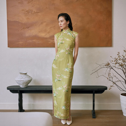 茉茉旗袍春新 花扣小连袖有省侧拉链长款 复古日常丝麻旗袍 春信