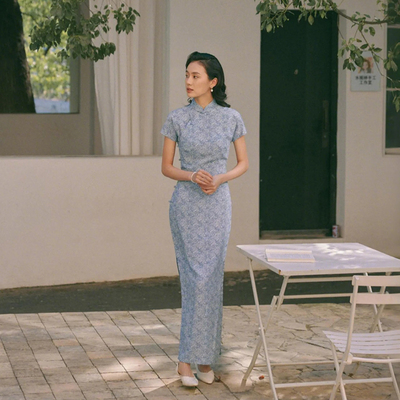 茉茉春夏 短袖连袖有省半开襟长款复古日常改良港式棉绸旗袍 麦浪