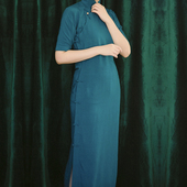 孔雀石 无省全开襟长款 四分连袖 复古日常纯色棉绸旗袍 茉茉春夏季