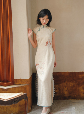 茉茉春夏 小连袖有省全开襟包边长款 复古日常优雅印花旗袍 月白