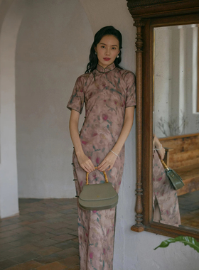 茉茉旗袍 春夏四分连袖全开襟盘扣嵌条长款复古日常老旗袍 秋纱记