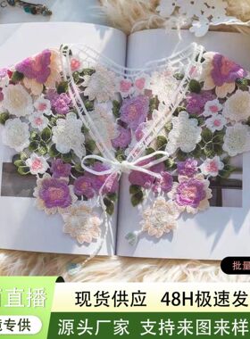 厂家货源跨境新款水溶刺绣花卉田园森系风彩色假领子系带蝴蝶结领