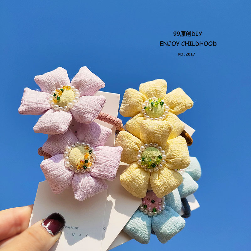 手工珍珠布艺太阳花发夹女童花朵发绳女孩双马尾发圈儿童公主发饰