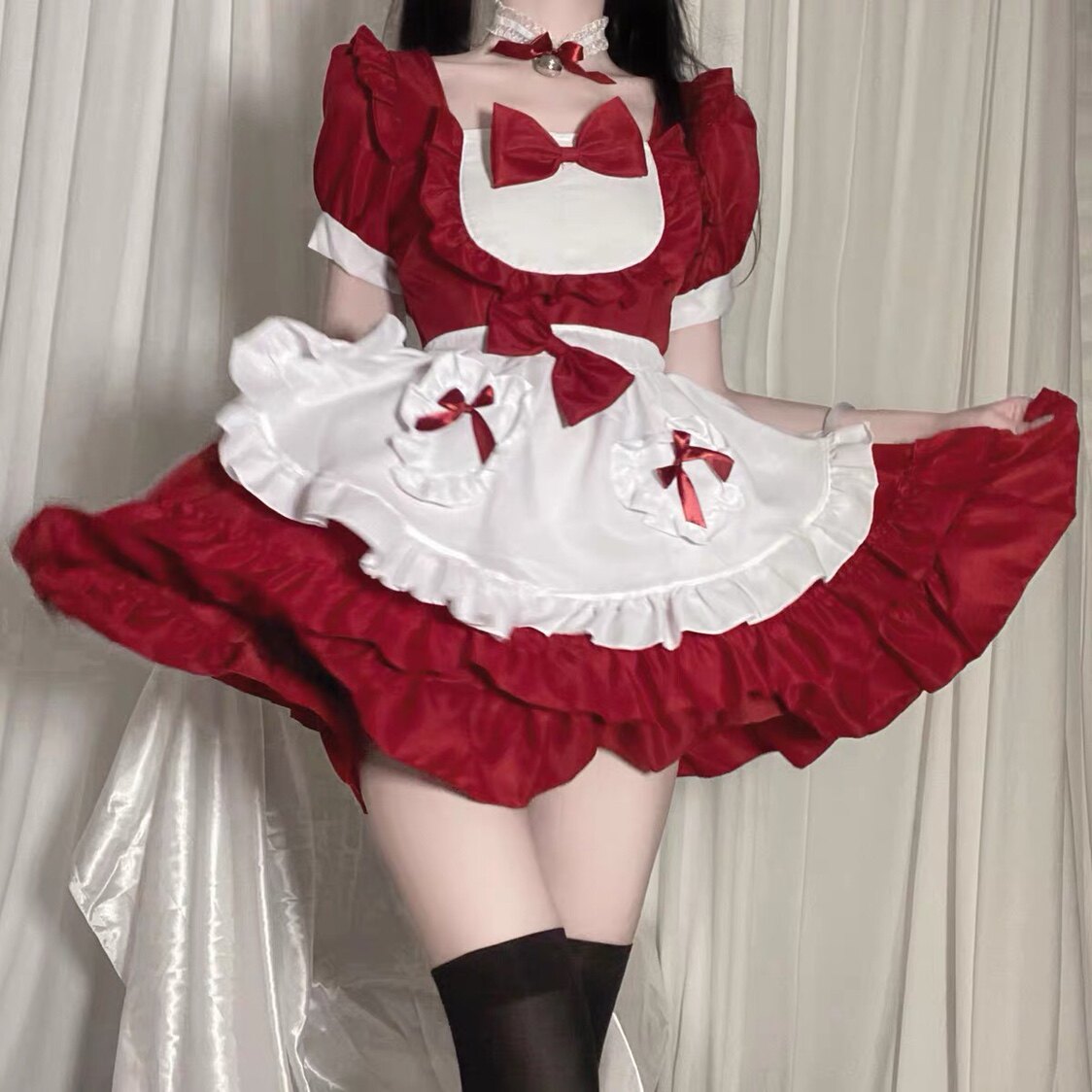 软妹红色女仆装cosplay女装性感大码洛丽塔洋装连衣裙圣诞节女装