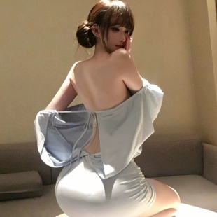 性感一字肩露背蓝色后背镂空连衣裙长袖春夏收腰包臀短裙辣妹穿搭