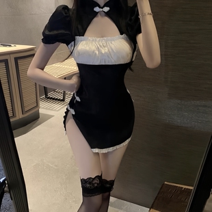 气质国风连衣裙女新中式复古改良旗袍制服性感纯欲高开叉修身短款