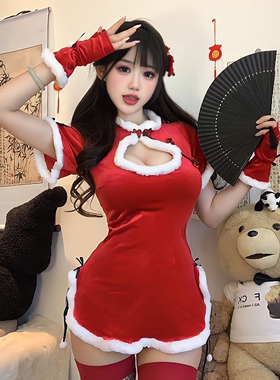 圣诞节女装穿搭新年战袍红色中华娘旗袍连衣裙性感纯欲包臀短裙子