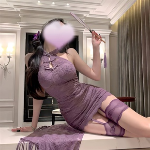 新中式 制服披肩两件套 改良紫色旗袍性感连衣裙蕾丝挂脖包臀裙修身