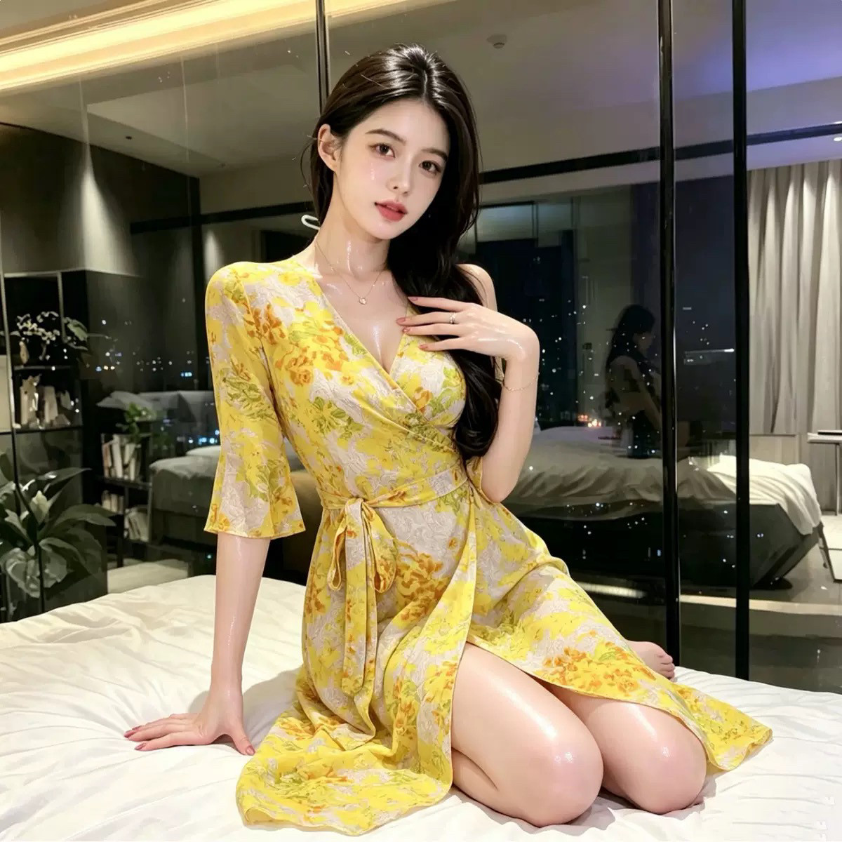 绝美法式沙滩裙卜斯斯黄色战袍海边氛围感连衣裙印花裹身度假长裙