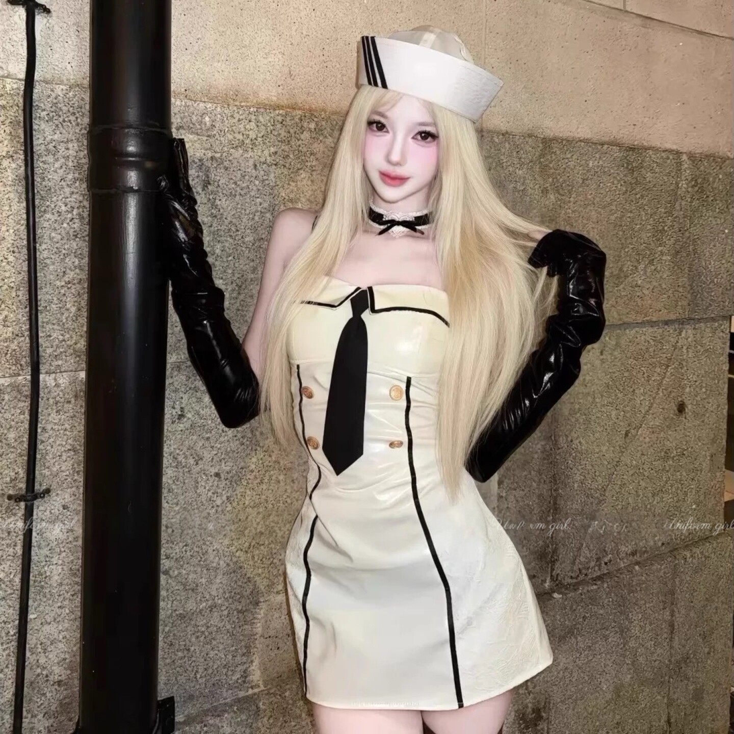 性感海军风白色漆皮抹胸吊带连衣裙修身包臀裙子万圣节cos穿搭