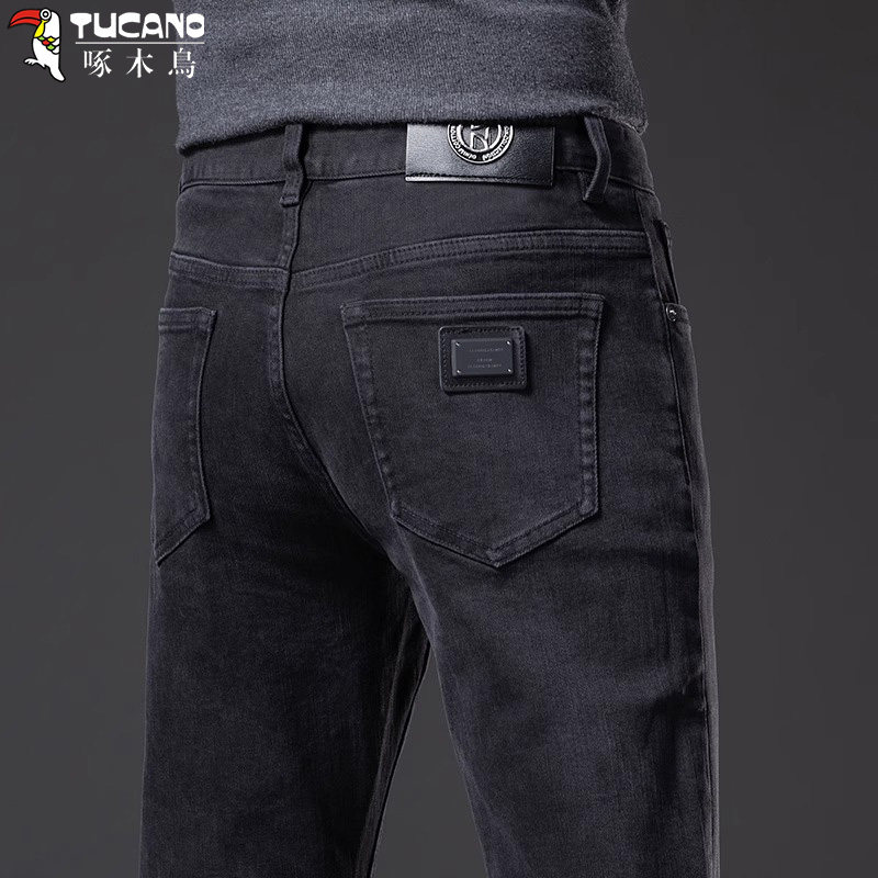 啄木鸟2025秋冬新款黑色牛仔裤男士修身直筒弹力休闲百搭加绒保暖