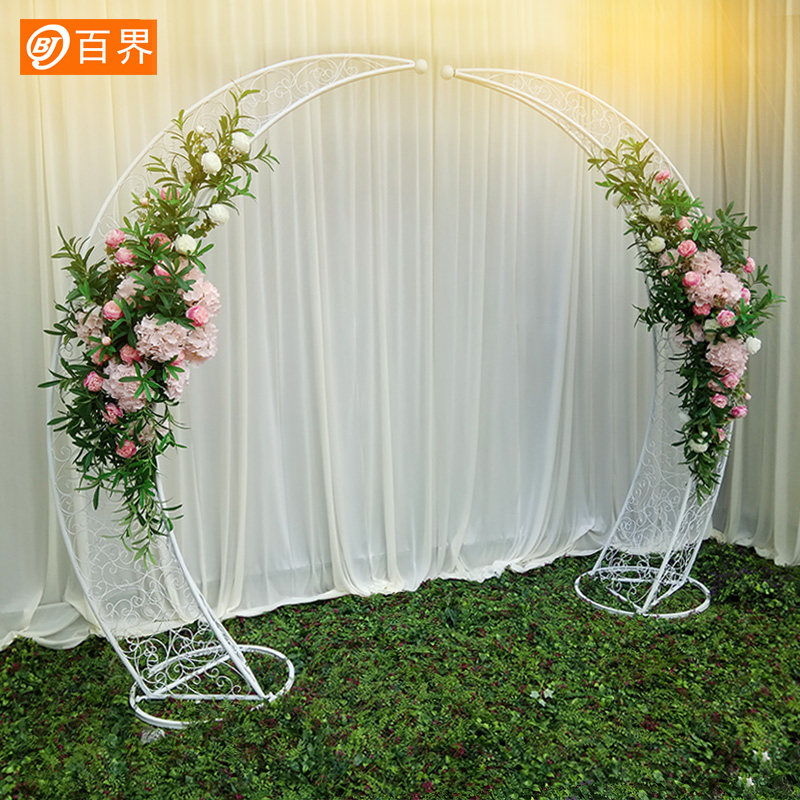 百界新款婚庆道具铁艺拱门 森系户外婚礼舞台布置月亮花门幸福门